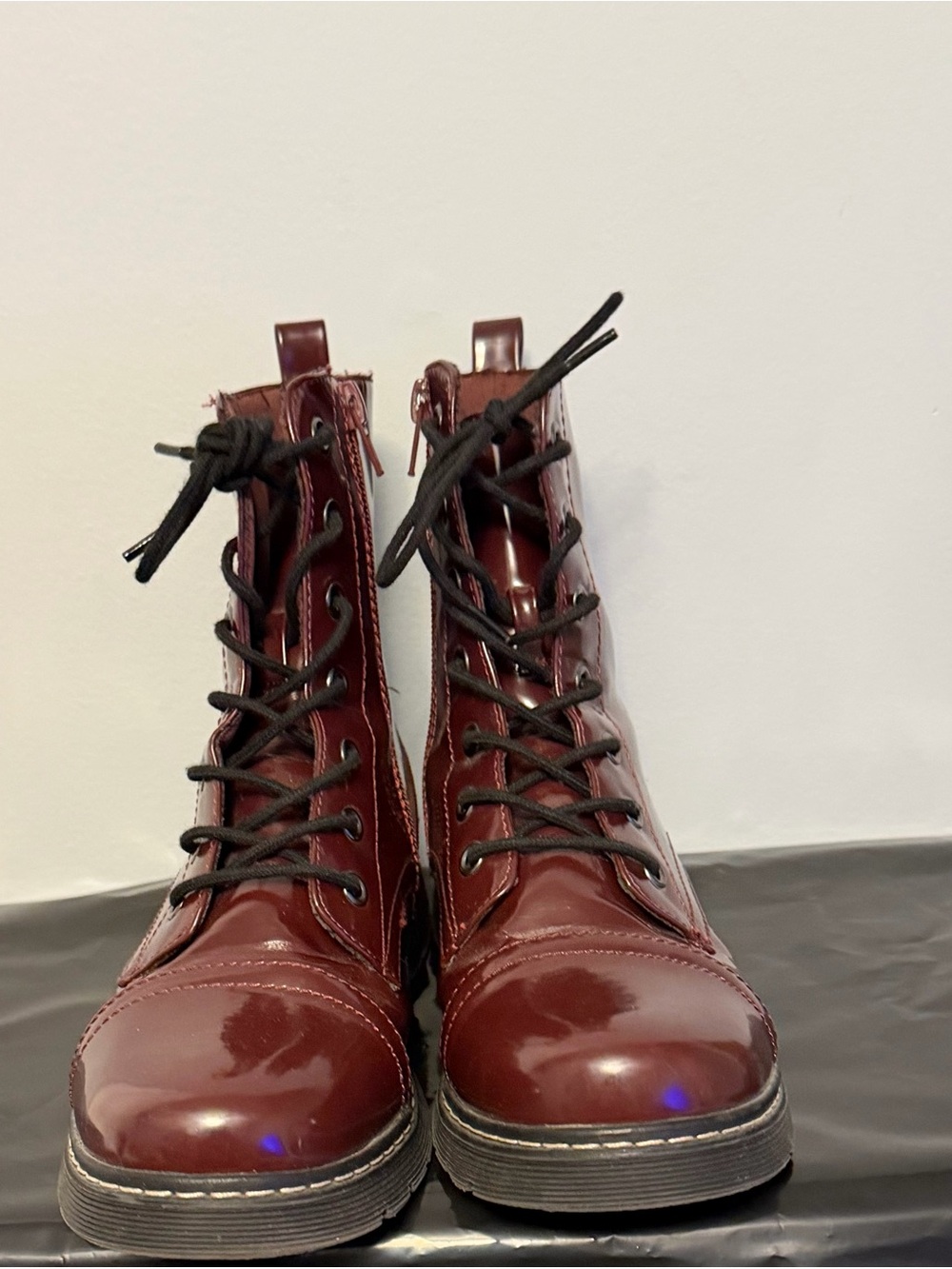 Women's Glossy Oxblood Lace-Up Combat Boots